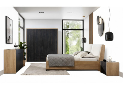 Schlofkummer Set Beige Bett 2x Nuetsdëscher Kommode Kleederschaf Modern 5-Stéck.