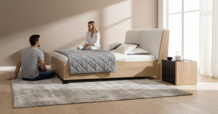 Bett beige Holz Design modern Schlofzëmmer Duebel Better elegant Miwwelen nei