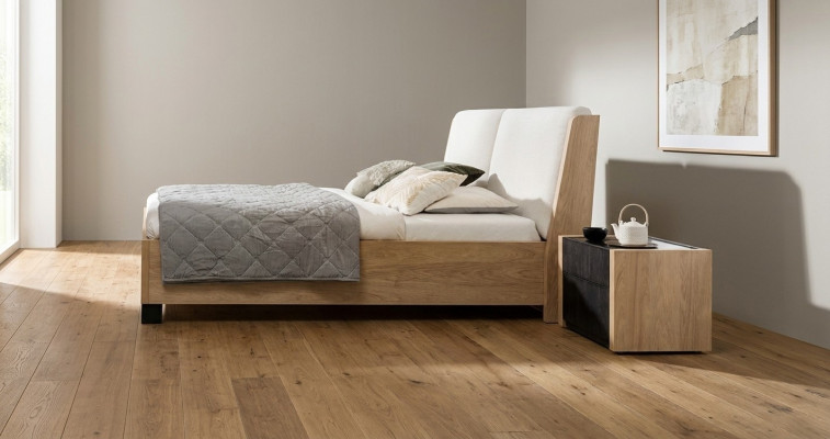 Bett beige Holz Design modern Schlofzëmmer Duebel Better elegant Miwwelen nei