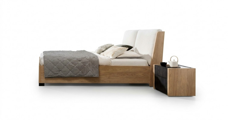 Bett beige Holz Design modern Schlofzëmmer Duebel Better elegant Miwwelen nei