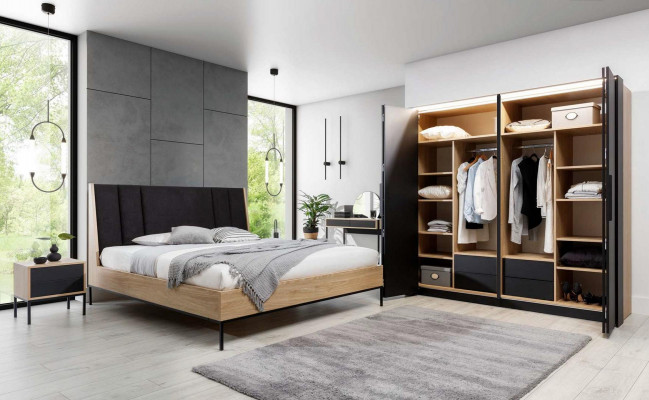 Schlofzëmmer Set Beige Bett 2x Nuetsdëscher Schaf Make-uptisch Luxus Nei 5 Deeler.