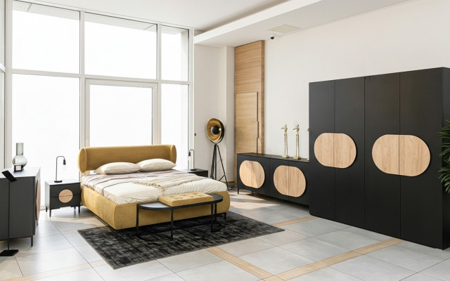 Schlofzëmmer Set Bett 2x Nuetsdëscher 2x Kommod Kleederschaf Hocker 7 Stéck.