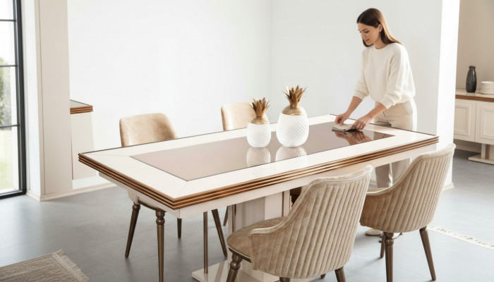 Luxus Iessdësch Dësch Béis Glasdësch Holz-Dësch Designer Dëscher Kichen