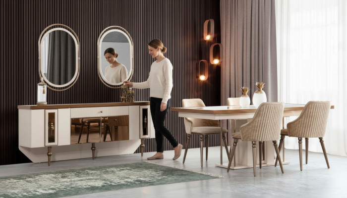Luxus Iesszëmmer Set Kommode Sideboard Dësch 4x Stull Garnitur 8stéckeg