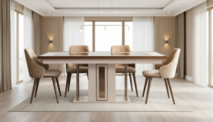 Iesszëmmer Set 4x Lehnstull Dëscht Design Miwwelen Iessgrupp Stull 5 Stécker.