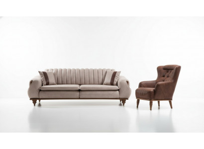 Designer Sofa Garnitur 3+1 Sëtz Couchtisch Sofa Iwwerzuch Textil Brong Holz