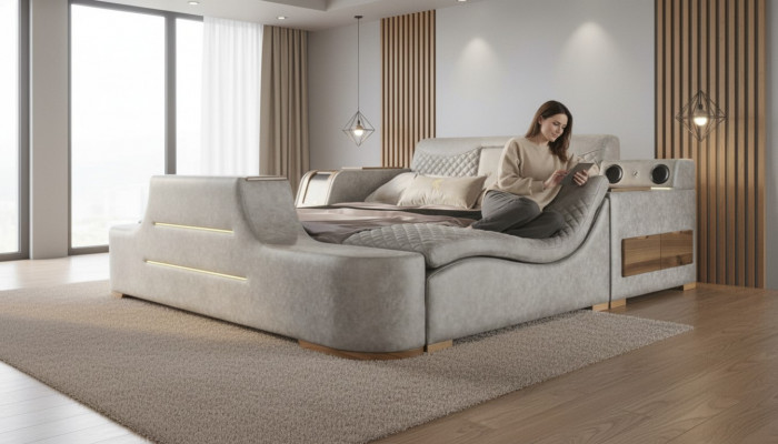 Multifunktiounsbett Regal Schaf USB Opluedstatioun Lift TV 180x200