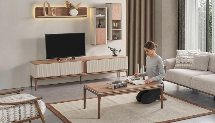 Säitenschaf verluer Fernseh-Nidderschaf Schaf Couchdësch Wunnzëmmer Modern Beige Holz