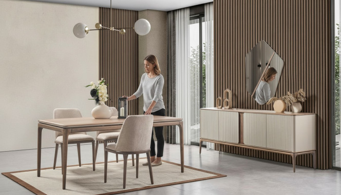 Iessgrupp Iessdësch 4 Still Säitenaresor Spigel Modern 7-tlg Holz Beige