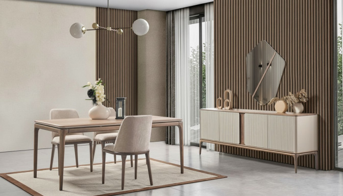 Iessgrupp Iessdësch 4 Still Säitenaresor Spigel Modern 7-tlg Holz Beige