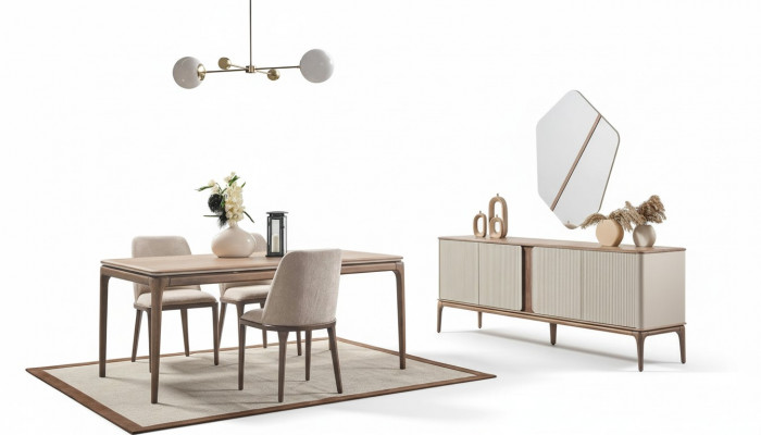Iessgrupp Iessdësch 4 Still Säitenaresor Spigel Modern 7-tlg Holz Beige