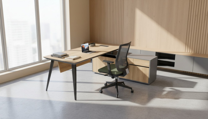 Eckschreibtisch Büro Dësch Braun grouss Chef Dëscher Schreifdësch Miwwelen