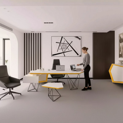 Arbechtszëmmer Büro Eckbüro Schreifdësch Couchtisch Sideboard Modern Wäiss