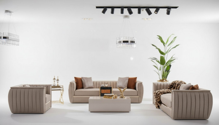 Luxus Beige Set Sofagarnitur 3+3+1 Sëtzer Couchtisch Sofa Fauteuil Sofaen 5tlg.