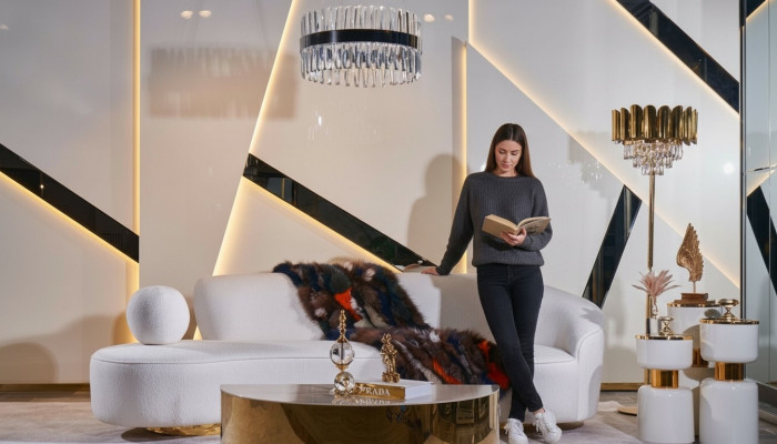Modern wäisse Canapé Luxus Polster 3-Sëtzer Hallef-ronde Couchtisch 2 Stécker