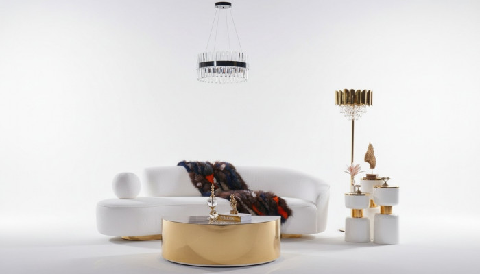 Modern wäisse Canapé Luxus Polster 3-Sëtzer Hallef-ronde Couchtisch 2 Stécker