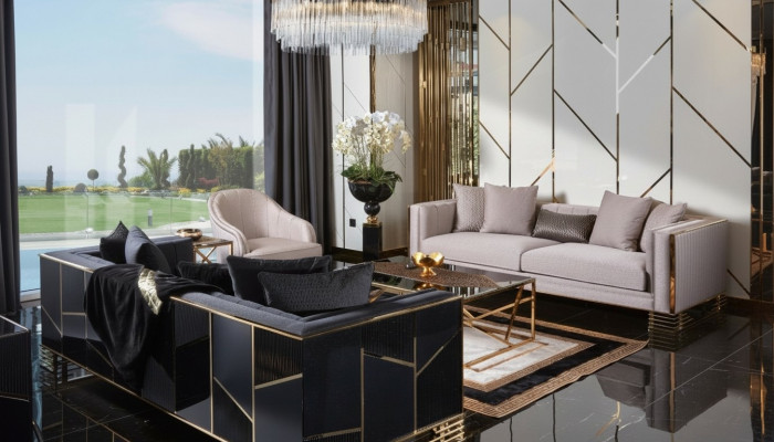 Sofa Garnitur Sofa Fauteuil 3+3+1 Plaze, Dësch, Trëppatedesch Set 5 Deeler