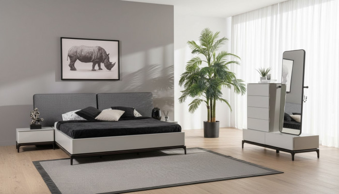 Moderne schwaarz-wäisst Schlofzëmmer-Set (Bett, zwee Nopeschdëscher, Kommode mat Spigel)