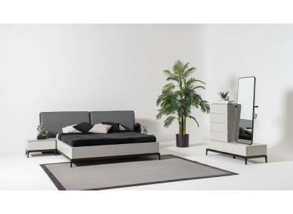 Moderne schwaarz-wäisst Schlofzëmmer-Set (Bett, zwee Nopeschdëscher, Kommode mat Spigel)