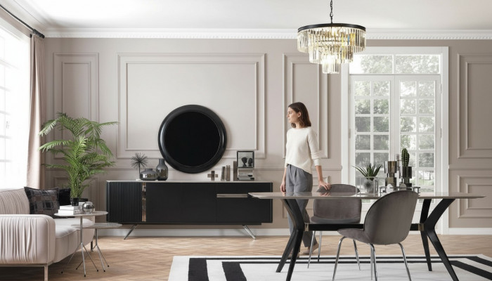 7 Stéck Luxus Loft Design Iesszëmmer Set Miwwelen Dësch Kommode 4x Still
