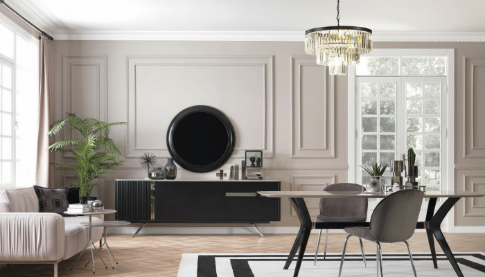 7 Stéck Luxus Loft Design Iesszëmmer Set Miwwelen Dësch Kommode 4x Still