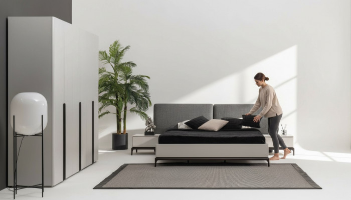 Bett Këssen Design Luxus Duebel Hotel Better Holz Miwwelen Hellgrou Loft