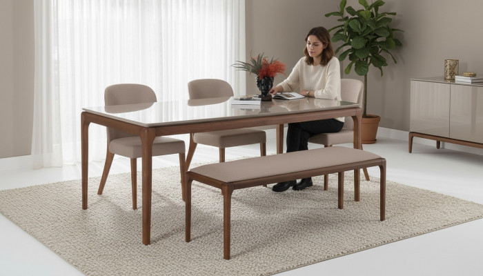Iessgrupp Iesszëmmer Set Bänk 4x Still Dësch Miwwel beige 6tlg