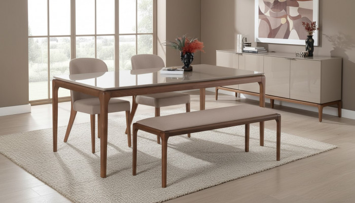 Iessgrupp Iesszëmmer Set Bänk 4x Still Dësch Miwwel beige 6tlg