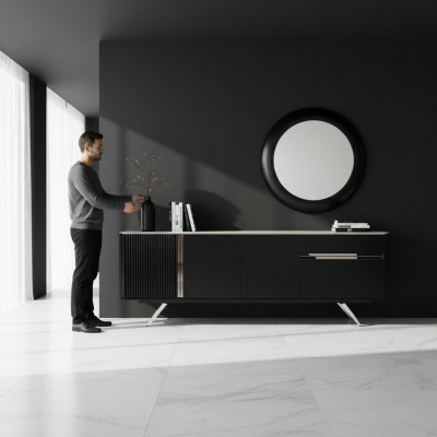 Wunnzëmmer Anrichte Spigel Sideboard Holz mat Metall Stil schwaarz.
