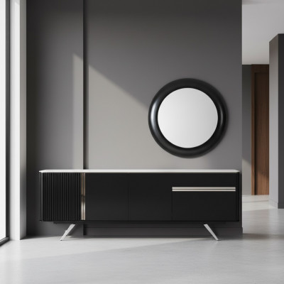 Wunnzëmmer Anrichte Spigel Sideboard Holz mat Metall Stil schwaarz.