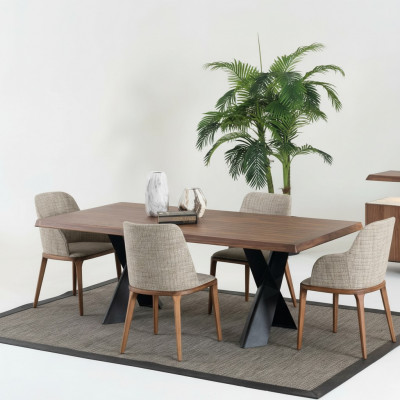 Holz Iesszëmmer Design Miwwelen Modern Stullgrupp Dësch 4x Still Set 5-Stéck.