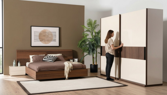4-deeleche Schlofzëmmer-Set Bett 2x Nuetsdëscher Kleederpress Schaf