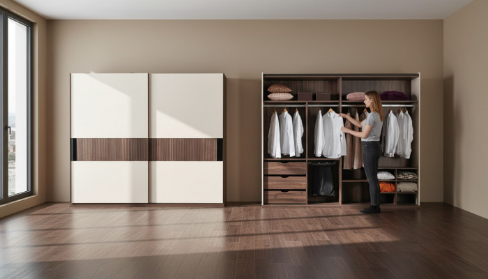 Luxus Kleederschaf mat Schiebetüren Holz Schaf Modern Stil Beige