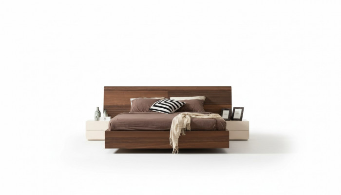 Stilvollt modernes Bett mat zwou Nuetsdëscher aus Naturholz