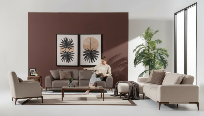 Wunnzëmmer Eckcouch L-Form Sofa 3 Still Dësch 2x Niewendëscher Set