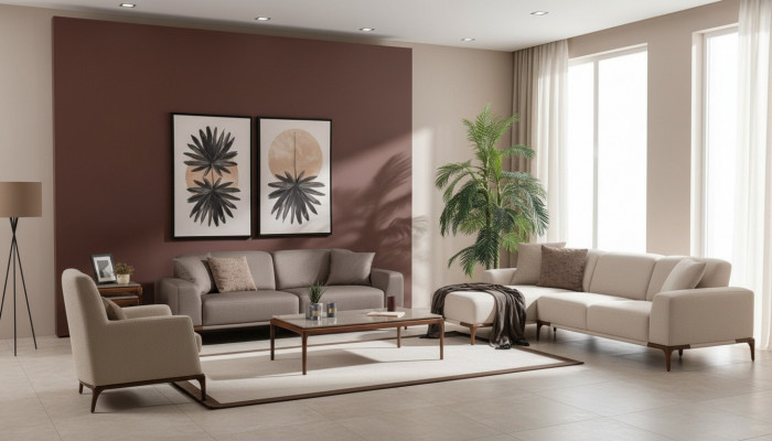 Wunnzëmmer Eckcouch L-Form Sofa 3 Still Dësch 2x Niewendëscher Set