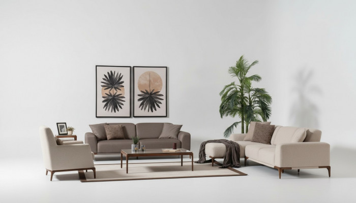 Wunnzëmmer Eckcouch L-Form Sofa 3 Still Dësch 2x Niewendëscher Set