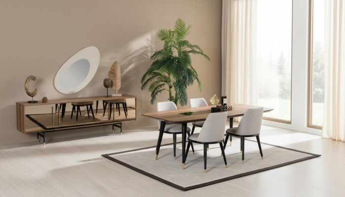 Iesszëmmer Set Dësch 4x Still Anrichte Spigel Garnitur Design nei 7tlg