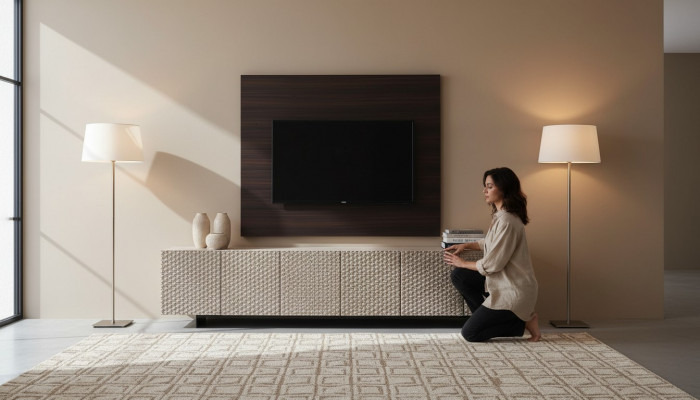 TV Mauer Paneel Verkleedung Holz Luxus rtv Wunnzëmmer Mauer Fernseh Miwwel