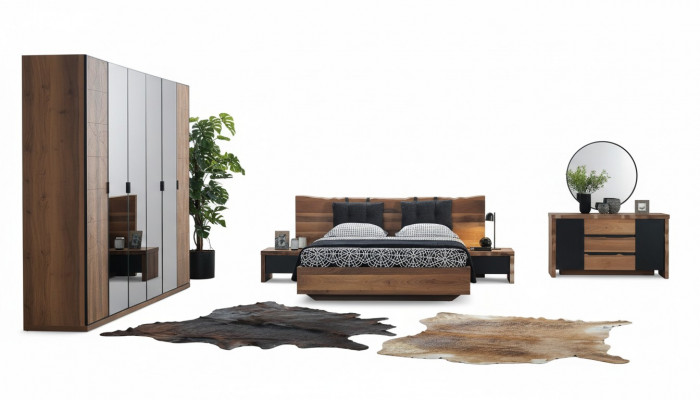 Schlofkummer Bett 2x Nuetsdësch Kleederschaf Kommode Spigel Set 6 Stéck