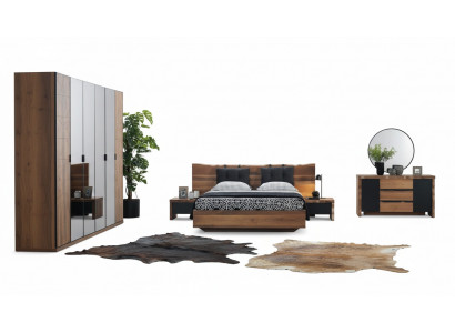 Schlofkummer Bett 2x Nuetsdësch Kleederschaf Kommode Spigel Set 6 Stéck