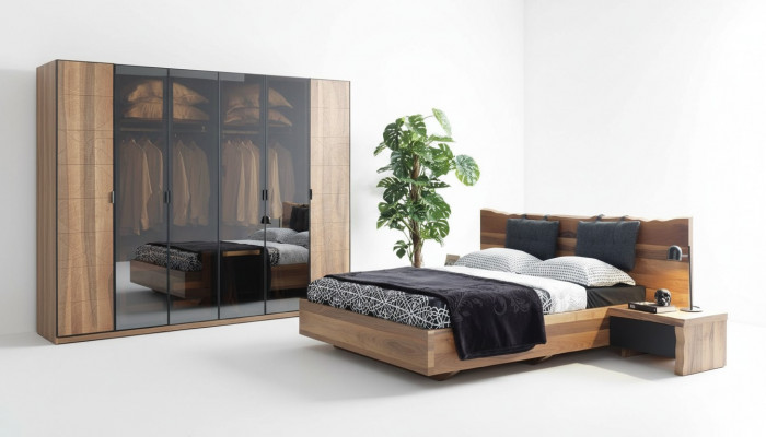 Schlofkummer Bett 2x Nuetsdësch Kleederschaf Garnitur Holz Modern Set