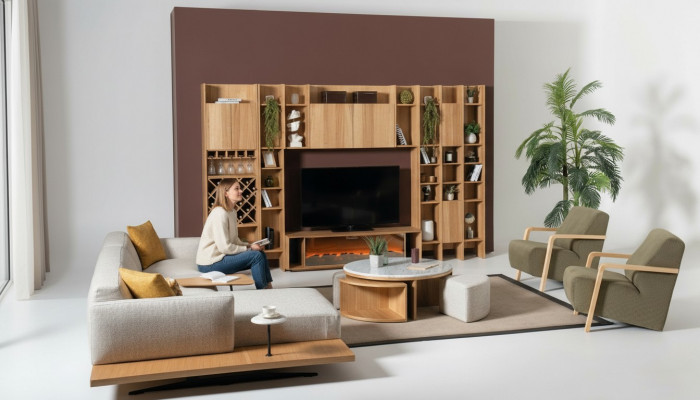 Wunnwand mat Elektrokamin Wunnwänn Ecke-Canapé Sessel Komplett Set 5 Deeler