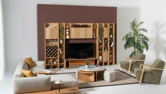 Wunnwand mat Elektrokamin Wunnwänn Ecke-Canapé Sessel Komplett Set 5 Deeler