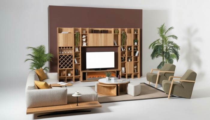 Wunnwand mat Elektrokamin Wunnwänn Ecke-Canapé Sessel Komplett Set 5 Deeler