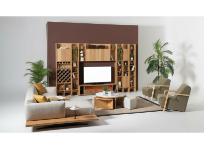 Wunnwand mat Elektrokamin Wunnwänn Ecke-Canapé Sessel Komplett Set 5 Deeler
