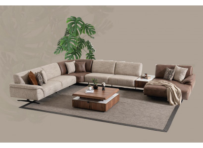 Wunnlandschaft Ecksofa Garnitur Design Moderner Dësch Braun 2tlg