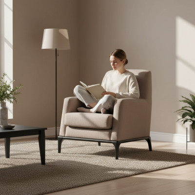 Wunnzëmmer Fotell Design Canapé Luxus Polster Modern Braun Holz Textil