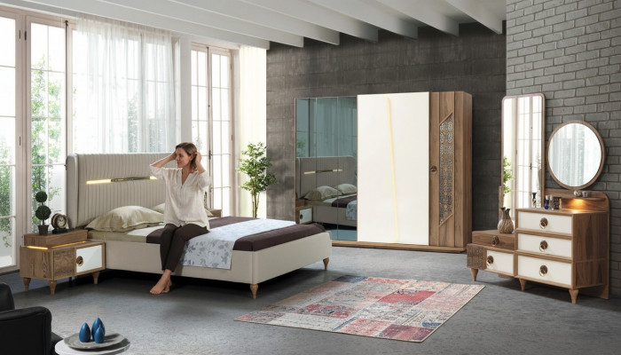 Schlofkummer Set Bett 2x Nuetsdëscher 5tlg Design Textil Holz Kleederschaf