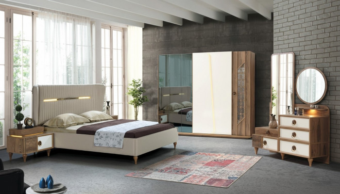 Schlofkummer Set Bett 2x Nuetsdëscher 5tlg Design Textil Holz Kleederschaf